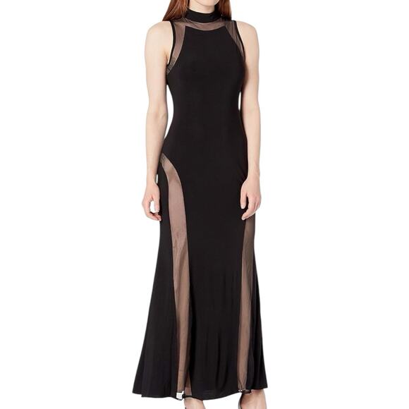 NIGHTWAY Black Illusion Sheer Panel Gown Sleeveless Maxi Long Evening Dress Sz 4